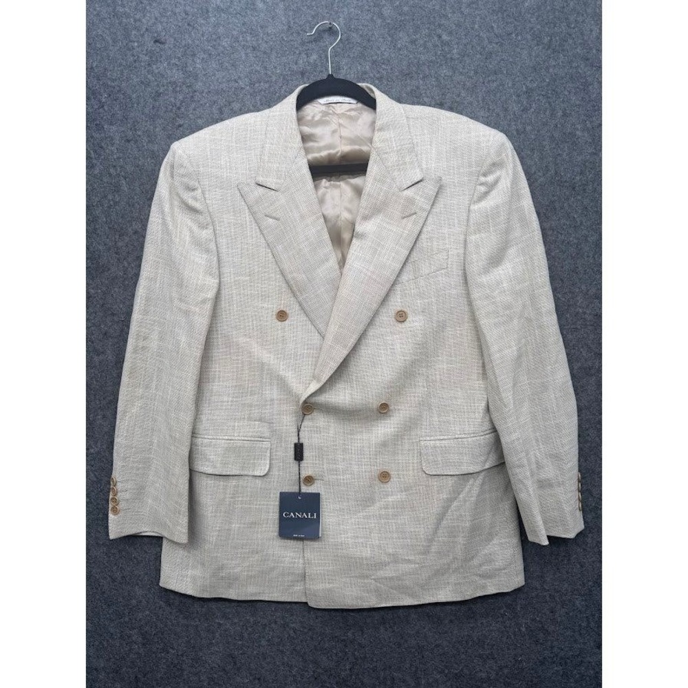 Canali Mens Beige Linen Blend Double Breasted Peak Lapel Blazer Made in Italy